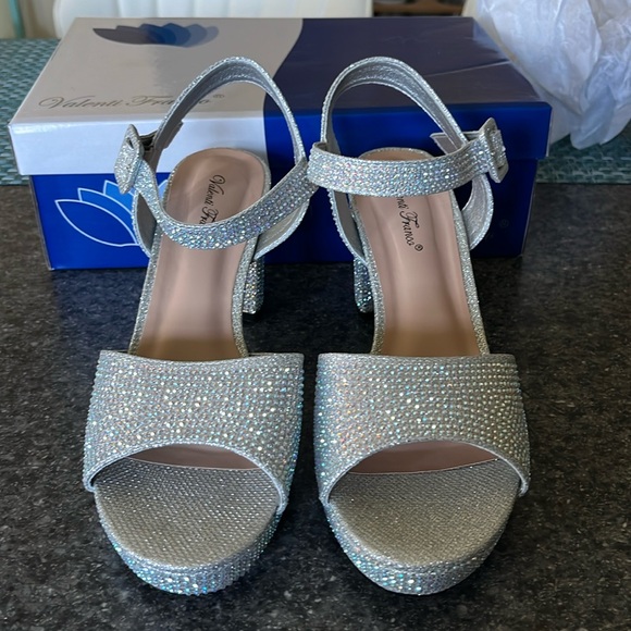 Valenti Franco silver chunk rhinestone crystal heels diamond sparkle - Picture 1 of 6